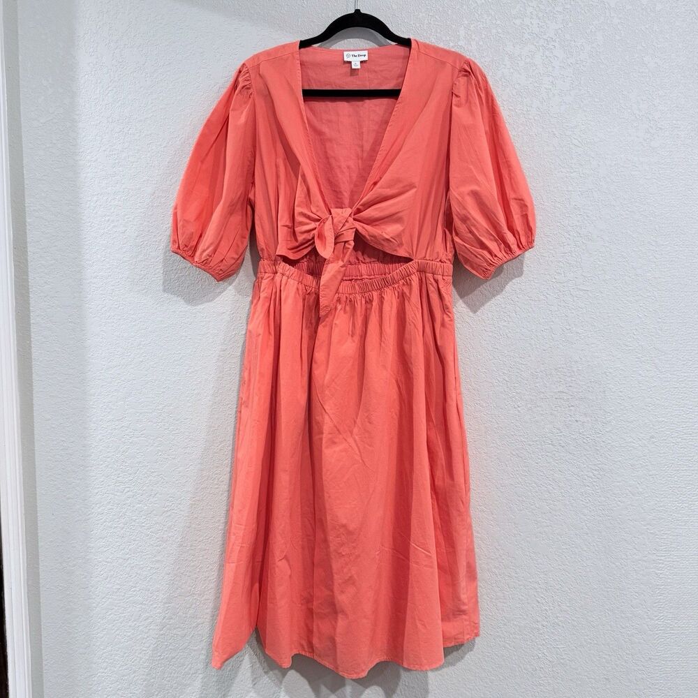 The Drop Tie Front Puff Sleeve Midi Dress Orange Cutout Waist Size XL Cotton